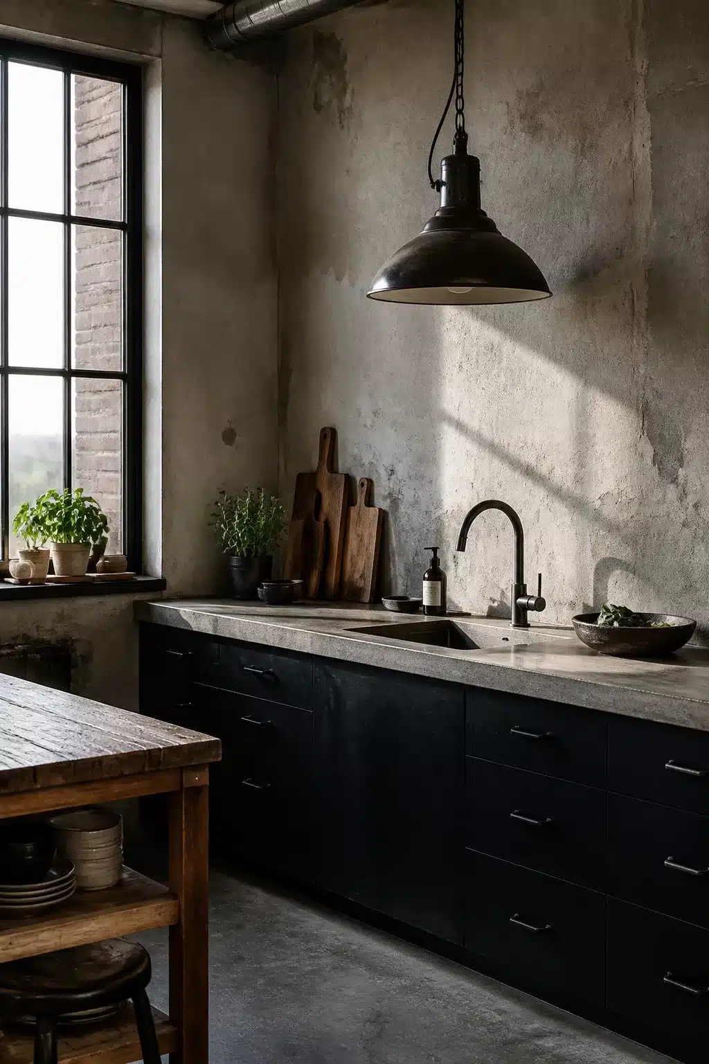 Industrial chic kitchen with aged raw plaster walls, black cabinetry, concrete countertop and dome pendant light