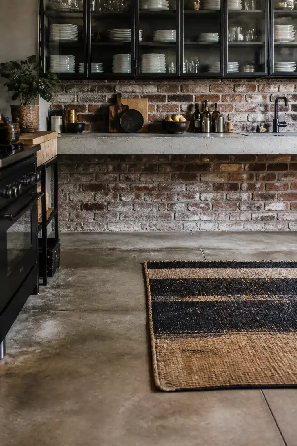 Industrial chic kitchen with black steel-frame glass cabinets, exposed brick wall, concrete countertop, and jute rug.