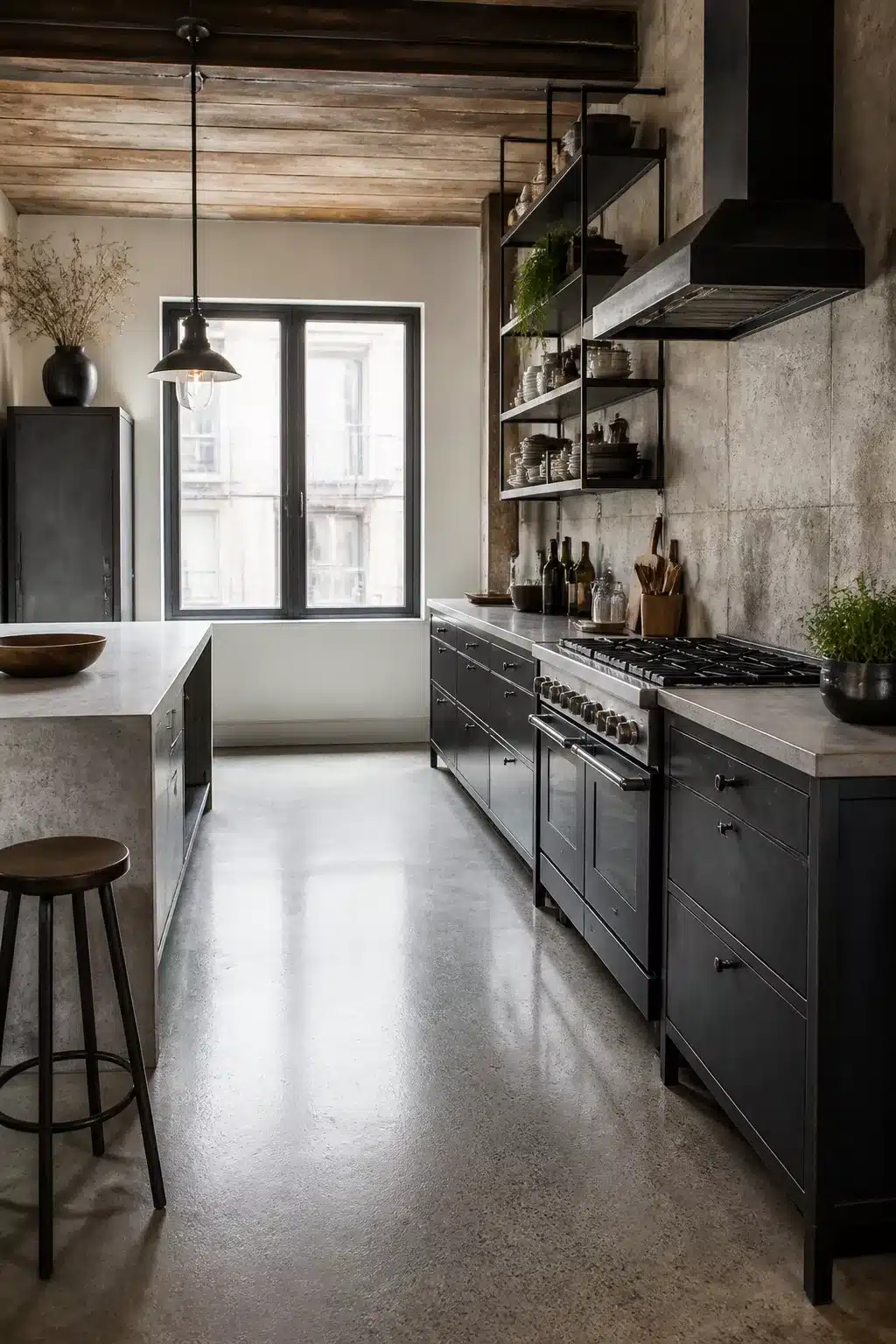 Industrial chic kitchen with raw concrete backsplash, open steel shelving, dark cabinets, and polished concrete floor.