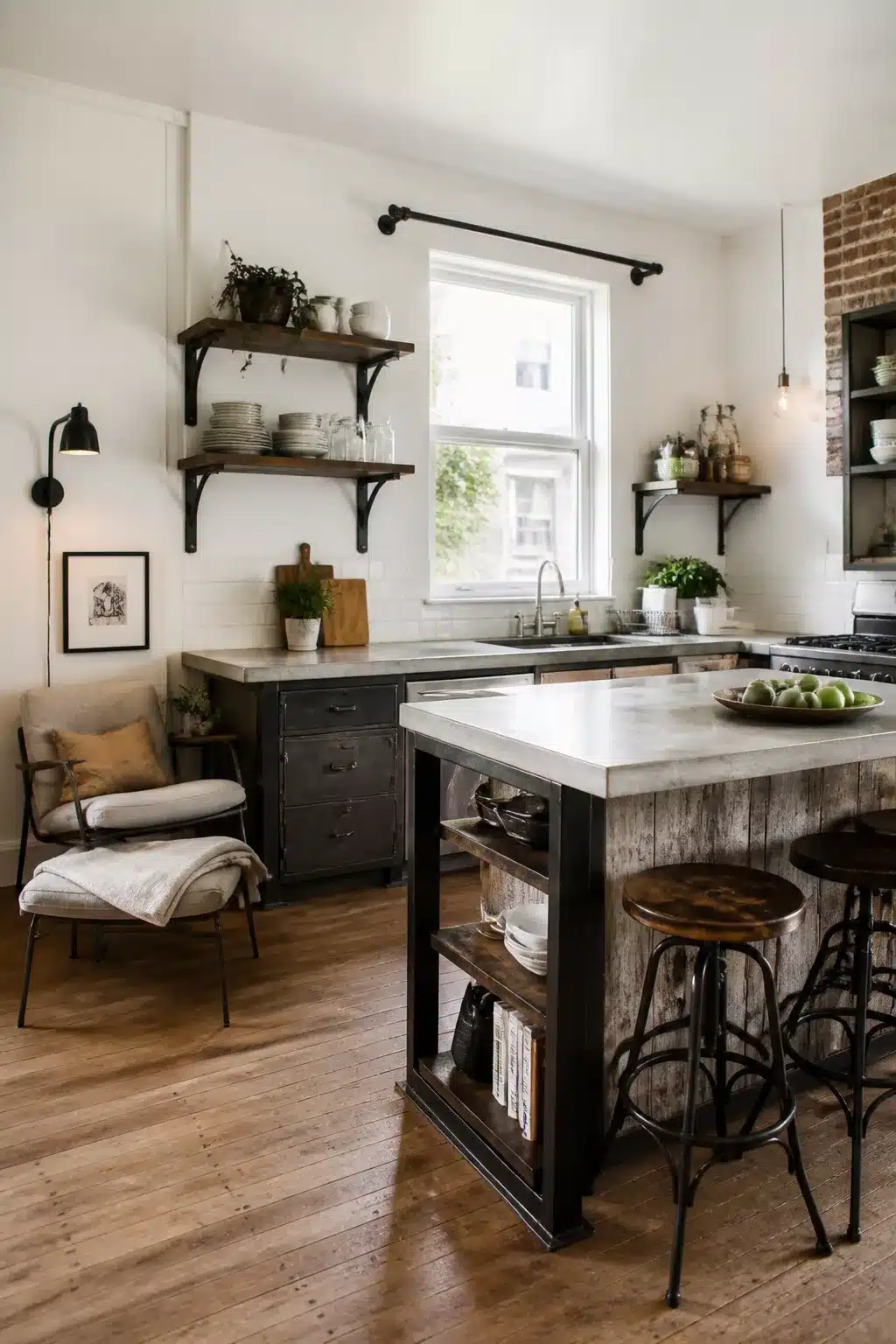 Industrial chic kitchen with white walls, black iron bracket shelves, concrete countertops, and a reclaimed wood island.