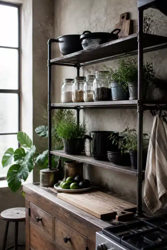 Industrial chic kitchen with open steel pipe shelving, raw plaster walls, cast iron pots and glass pantry jars
