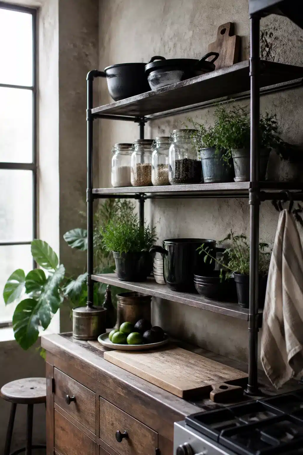 Industrial chic kitchen with open steel pipe shelving, raw plaster walls, cast iron pots and glass pantry jars