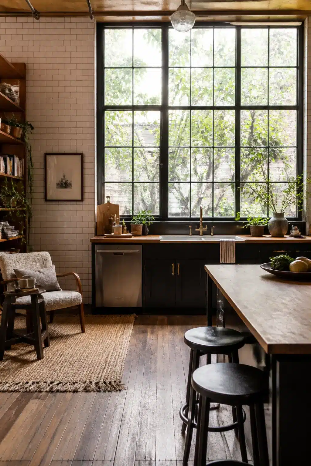 Industrial chic kitchen with steel-frame factory windows, butcher block counters, dark cabinets, and raw wood floors.