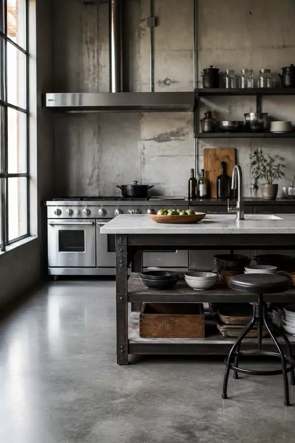 Industrial chic kitchen with aged concrete walls, polished cement floor, open steel shelving and stainless range