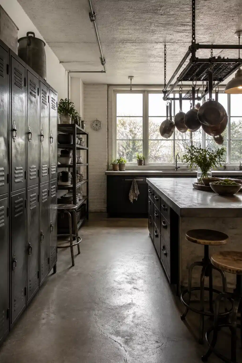 Industrial chic kitchen with vintage steel lockers, concrete floor, hanging copper pans, and raw metal finishes