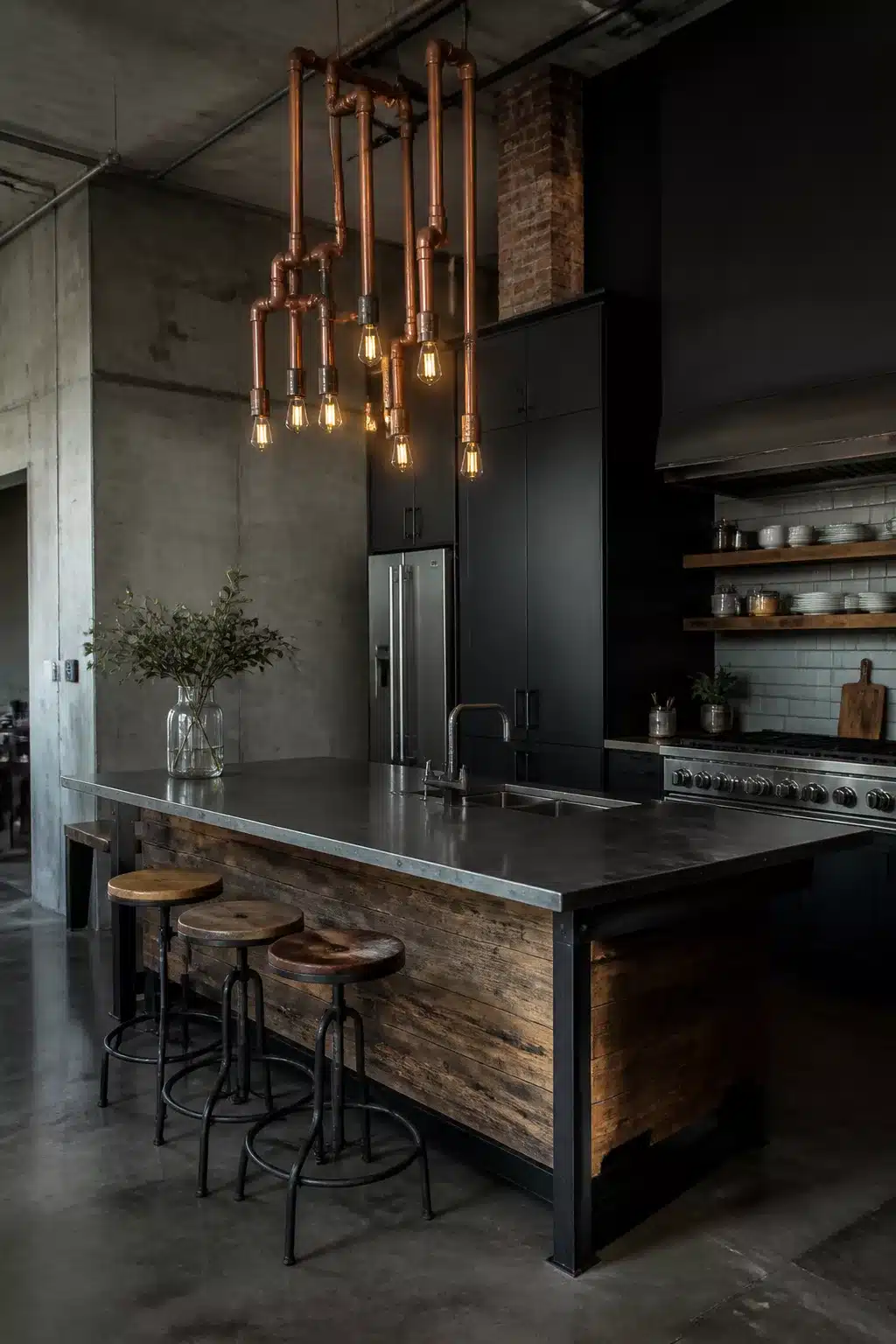 Copper pipe pendant cluster above a reclaimed wood island in an industrial chic kitchen with dark concrete walls.