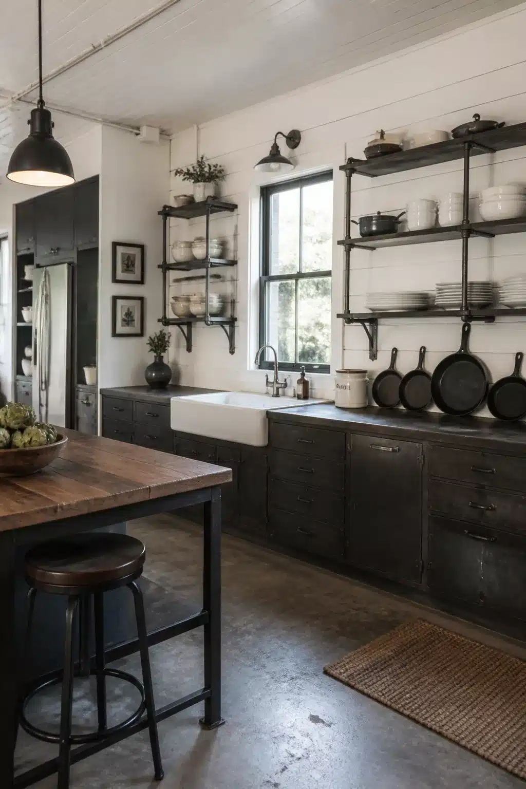 Cast iron pans and ceramic plates on blackened steel shelving in an industrial farmhouse kitchen with apron sink