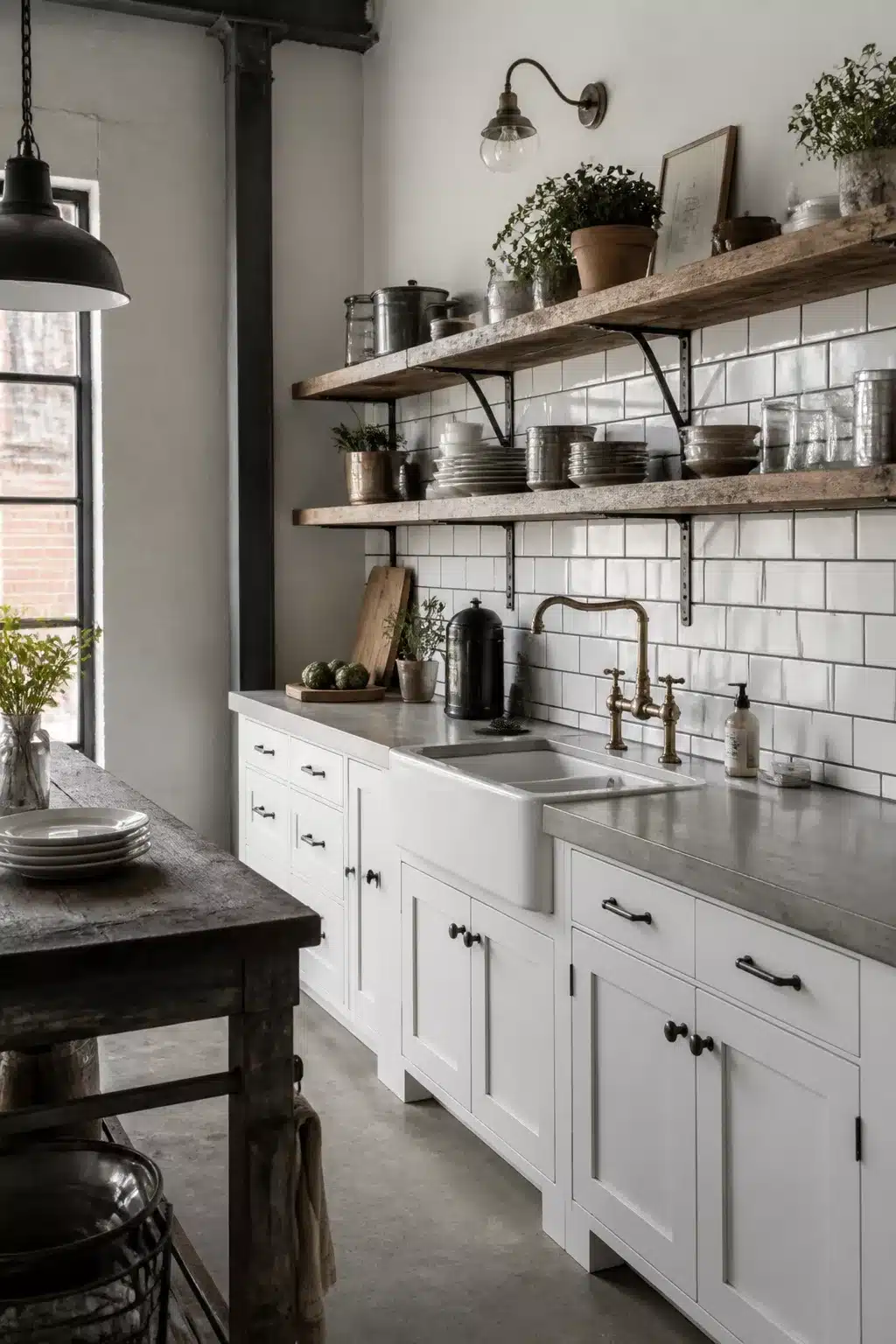 Raw concrete countertops and white subway tile backsplash in an industrial farmhouse kitchen with open wood shelving