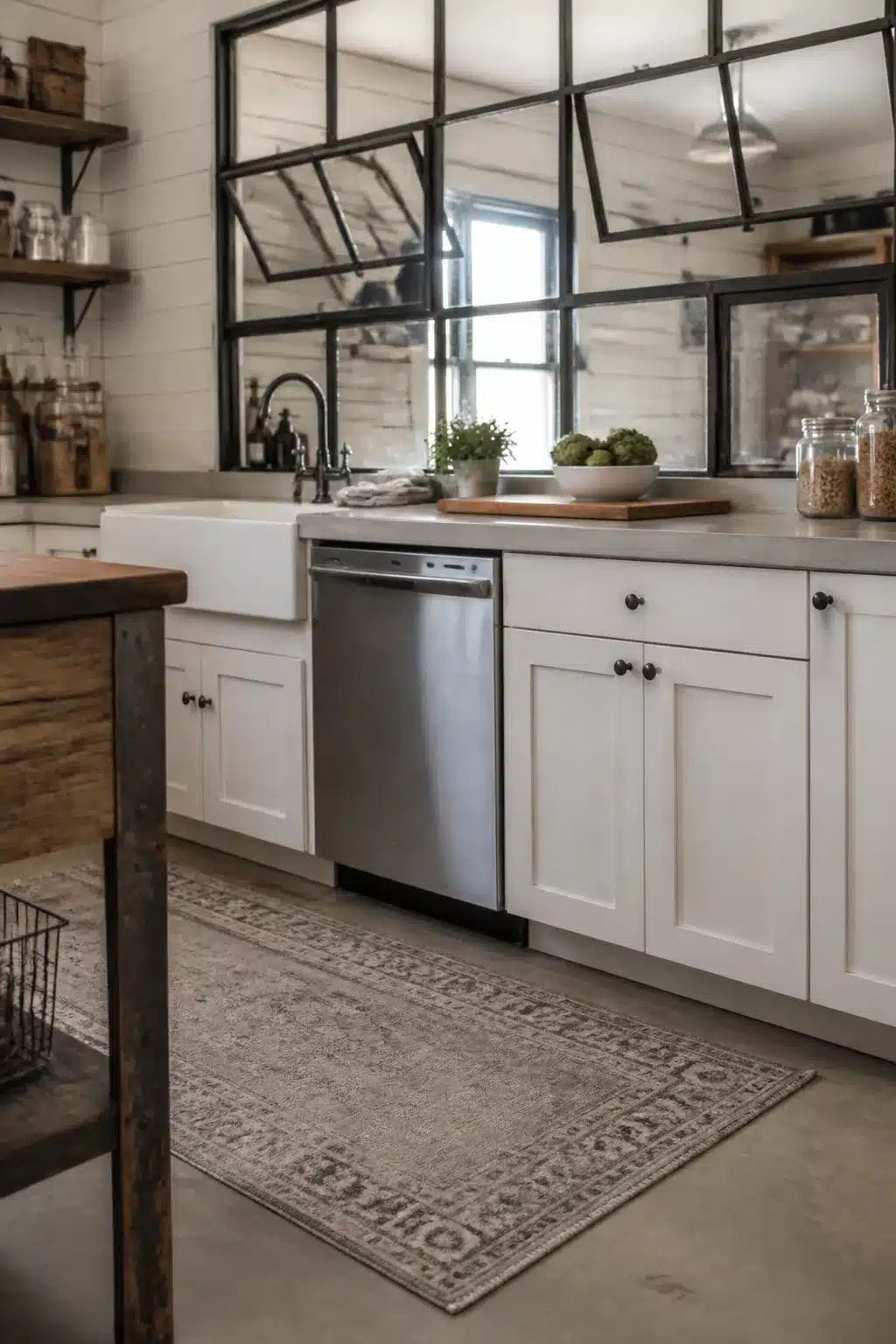 Industrial farmhouse kitchen with salvaged black steel window frames as a room divider and white shaker cabinets