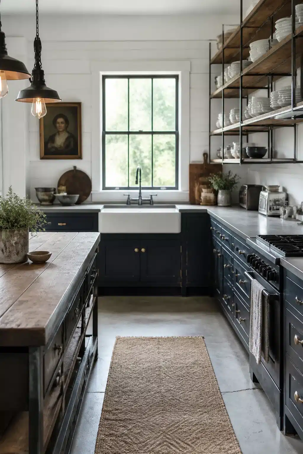 Navy blue cabinets and raw steel open shelving in an industrial farmhouse kitchen with apron sink and jute runner