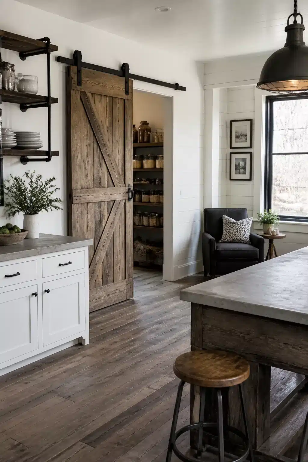 Industrial farmhouse kitchen with reclaimed wood sliding barn door pantry, white cabinets, and concrete island