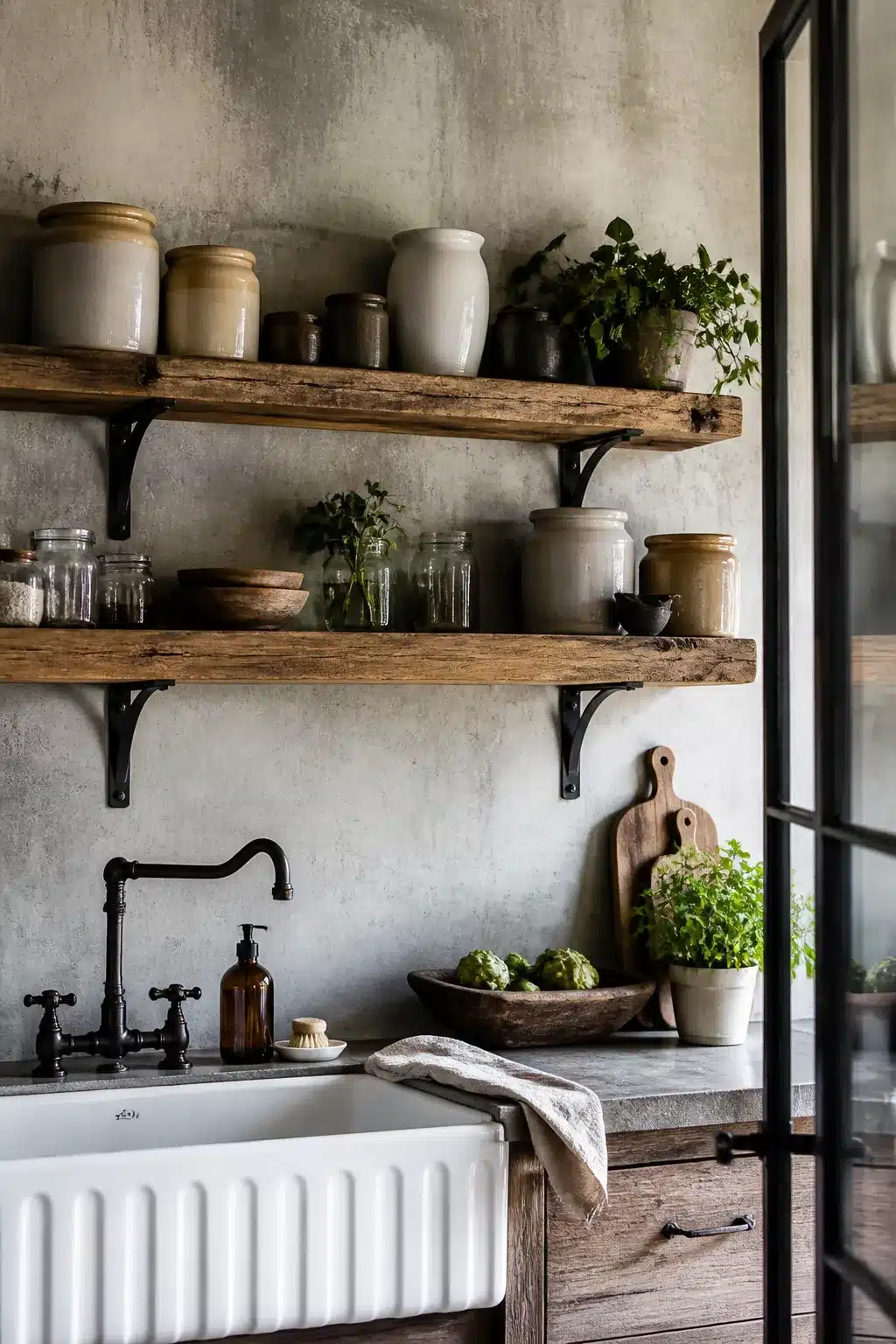 Distressed wood floating shelves on concrete wall in an industrial farmhouse kitchen with iron brackets and stoneware