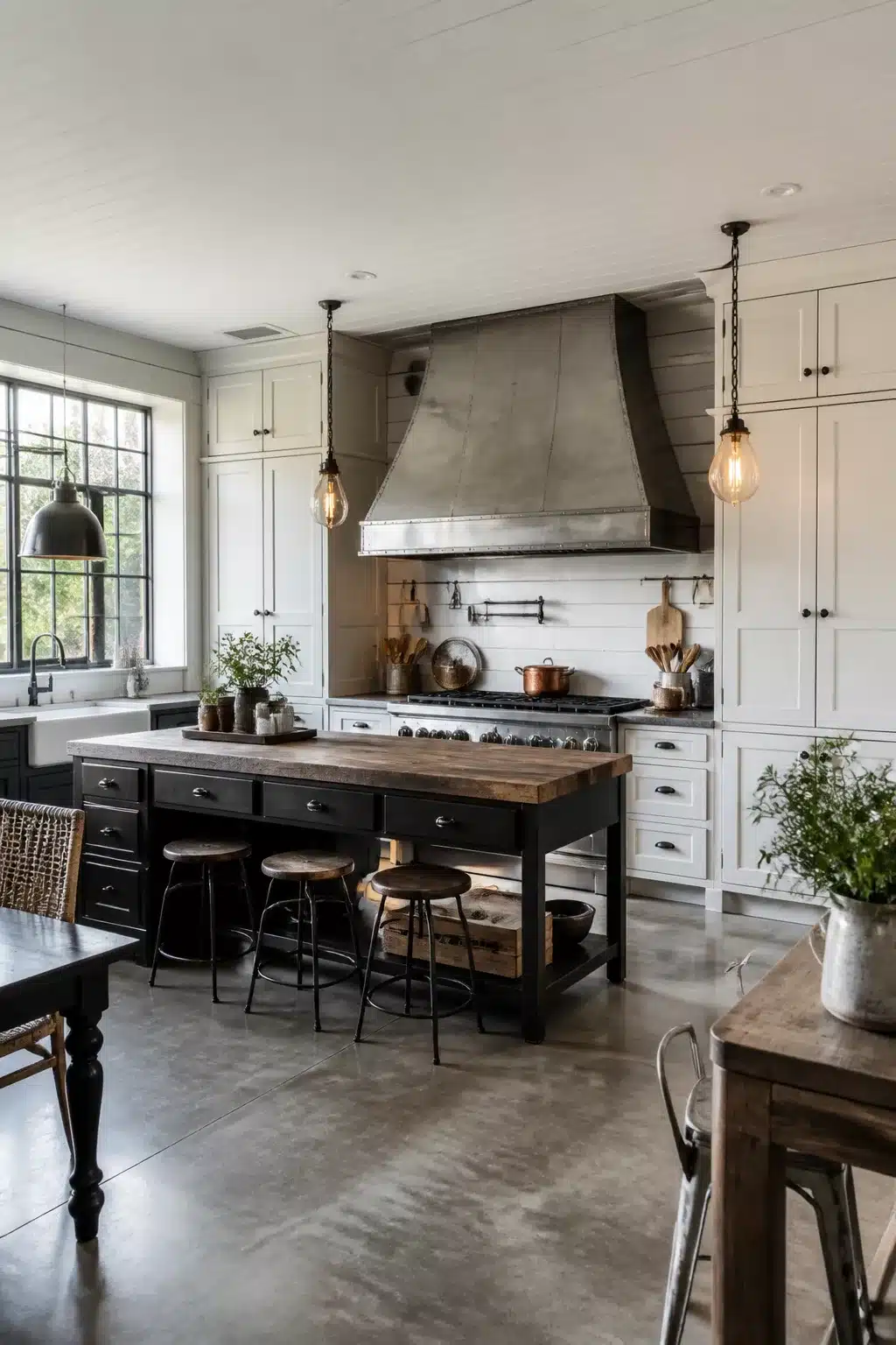 Zinc range hood and Edison pendants in an industrial farmhouse kitchen with black island and white cabinets