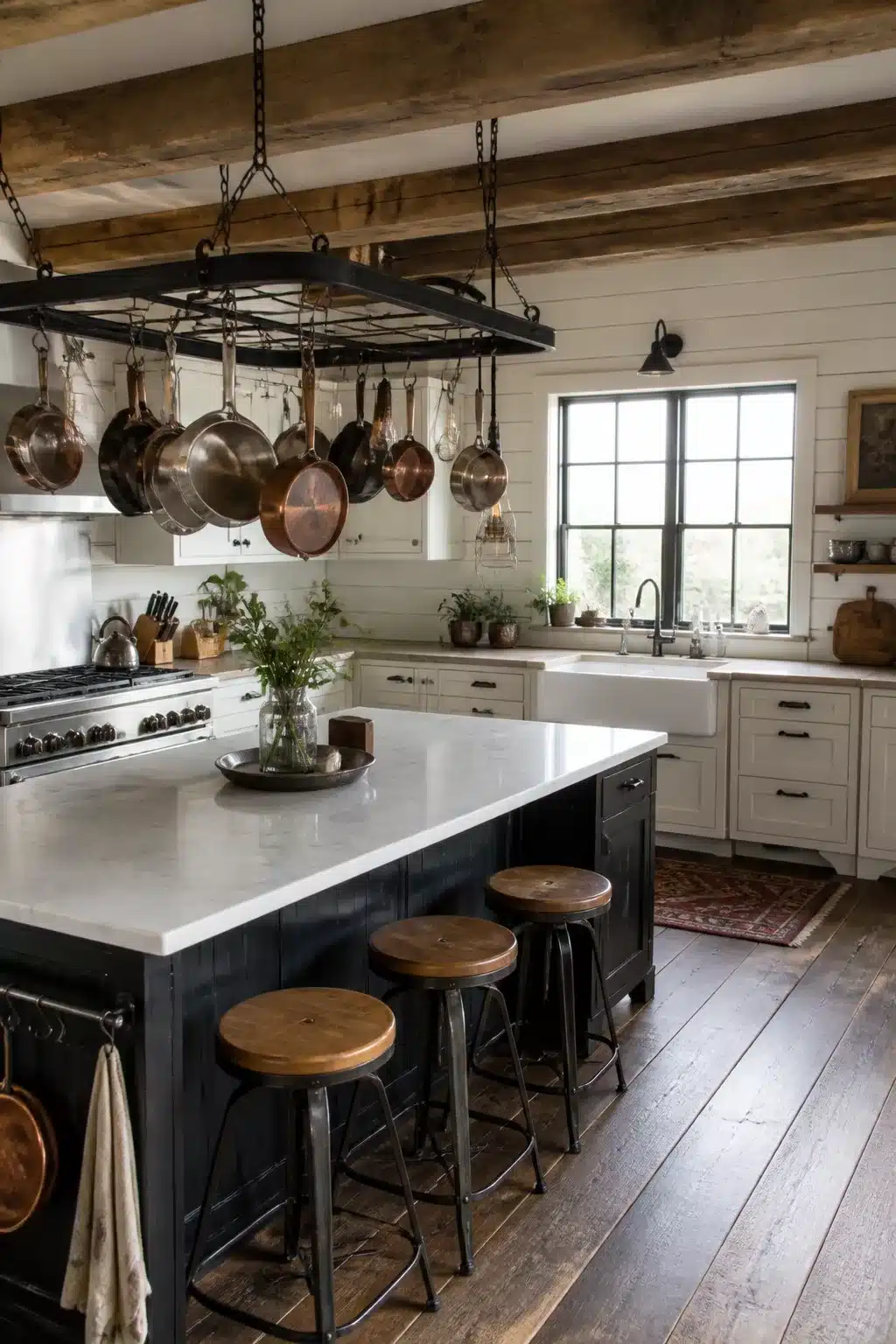 Black iron pot rack with copper pans over dark island in an industrial farmhouse kitchen with rustic wood beams.
