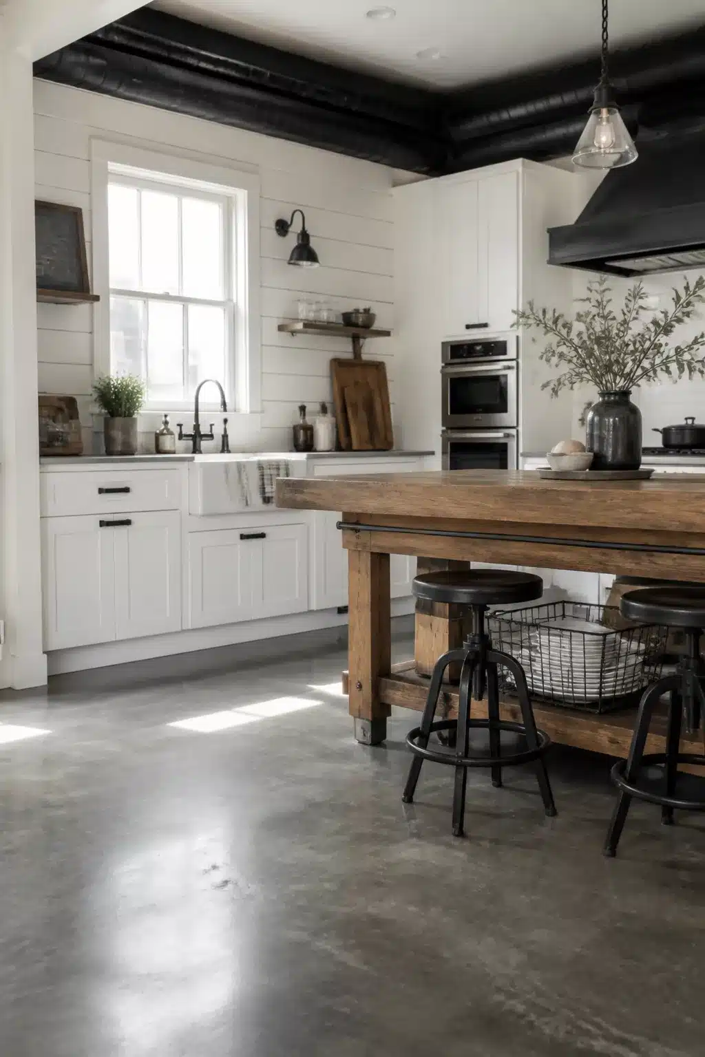 Industrial farmhouse kitchen with polished concrete floors, reclaimed wood island, black stools and white shaker cabinets