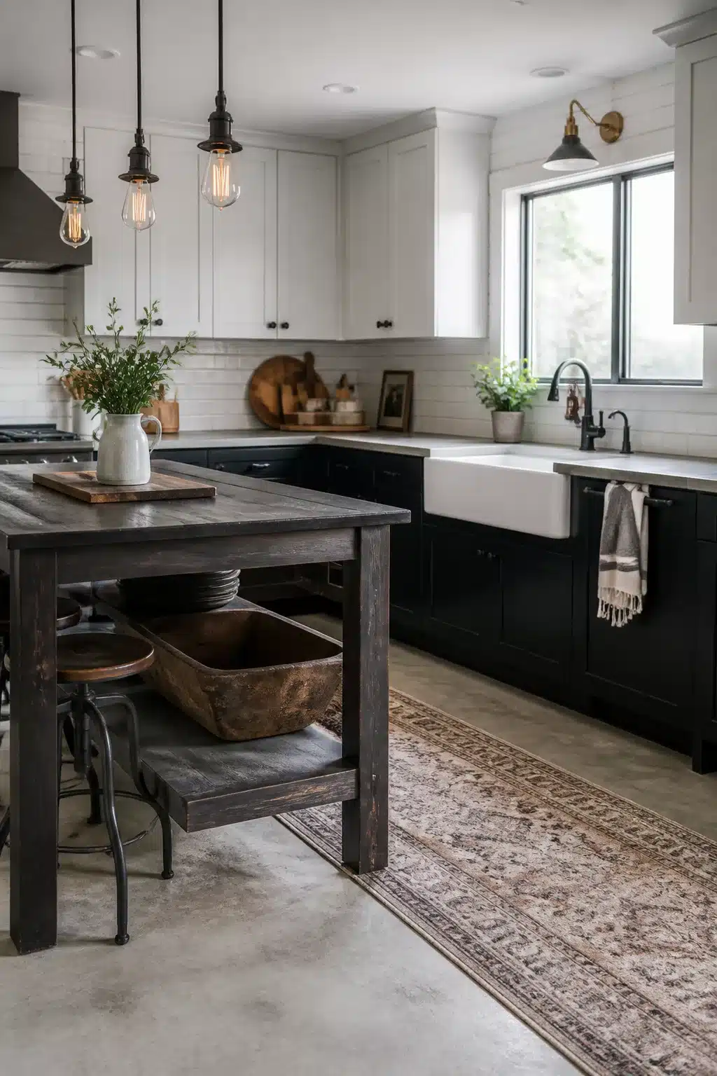 Two-tone black and white cabinet industrial farmhouse kitchen with wood island, Edison pendants, and farmhouse sink
