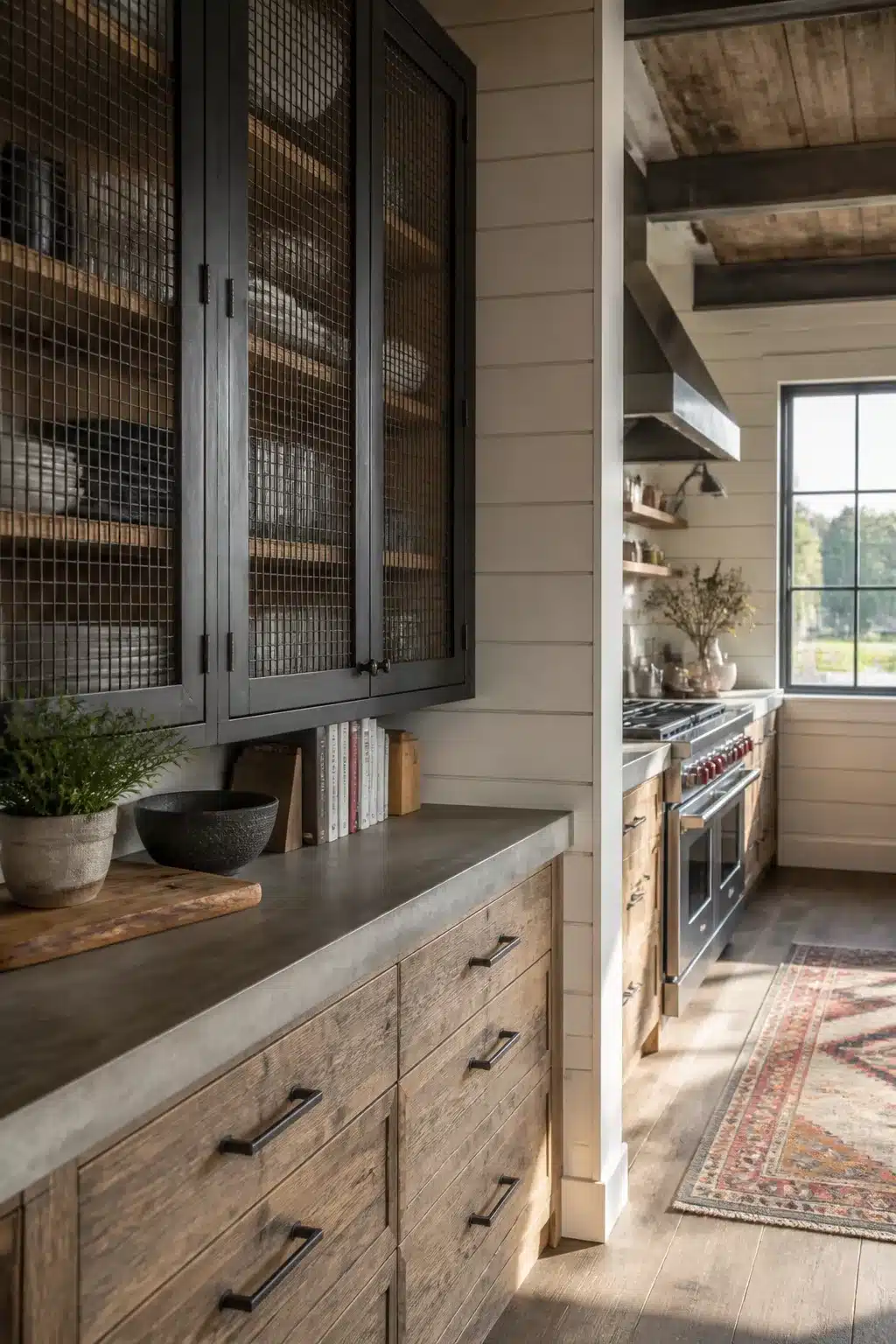 Wire mesh cabinet doors with reclaimed wood drawers in an industrial farmhouse kitchen with concrete countertops