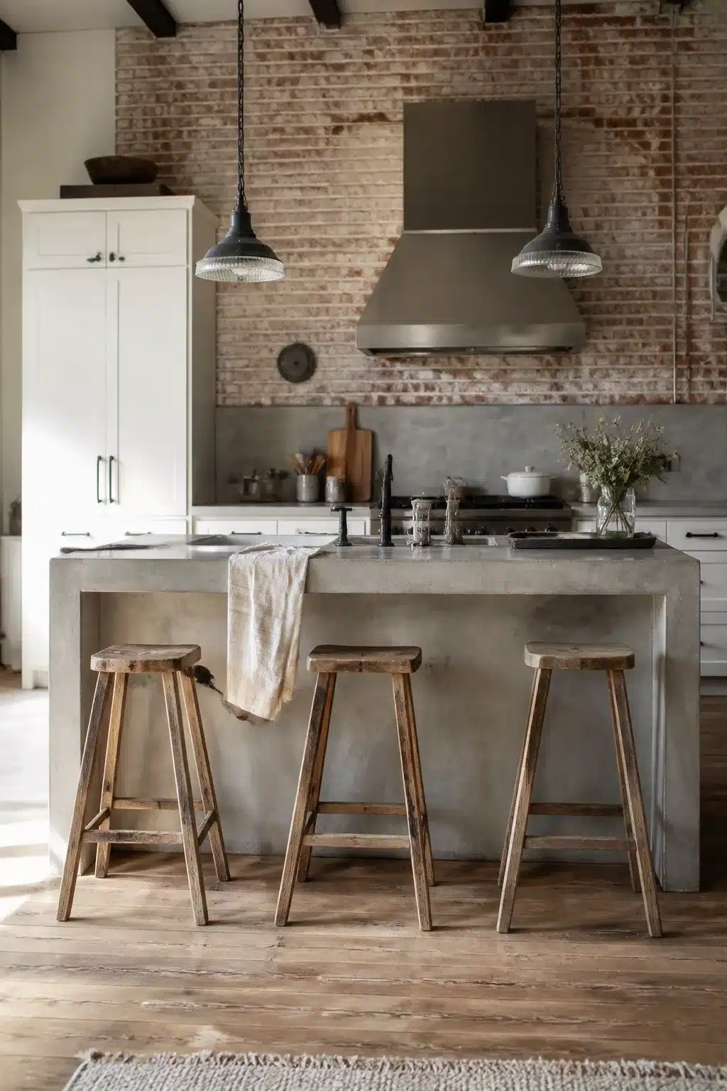 Poured concrete kitchen island with barn wood stools in an industrial farmhouse kitchen with exposed brick wall