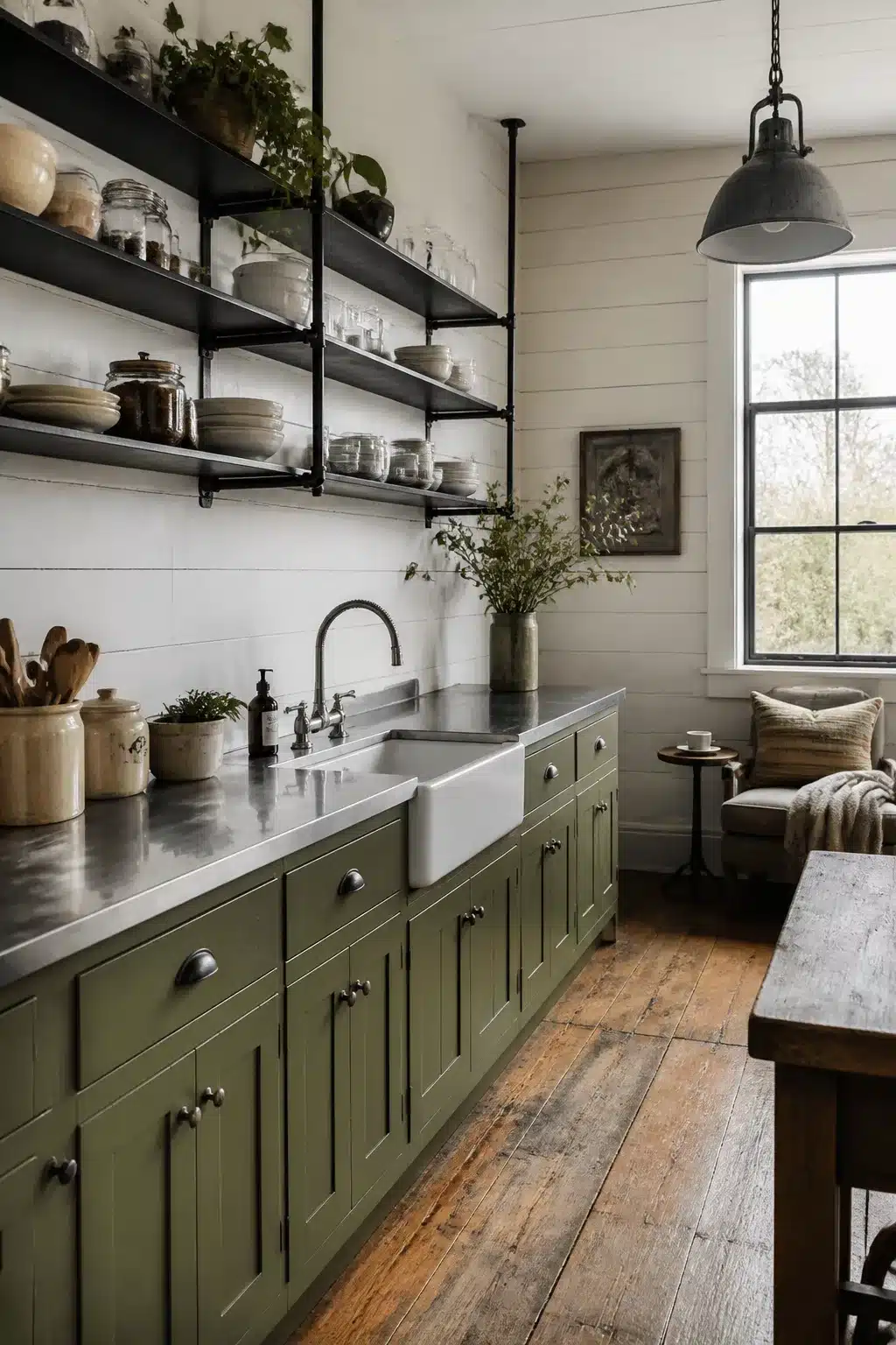 Industrial farmhouse kitchen with weathered sage green shaker cabinets, steel countertops, and black pipe open shelving.