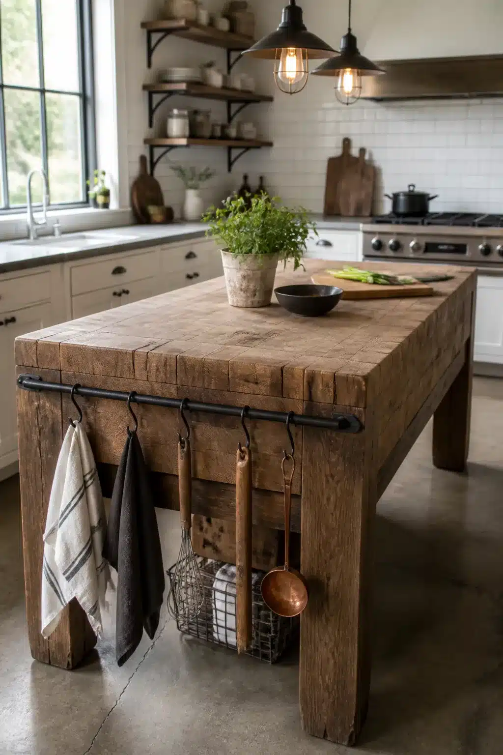 Reclaimed wood butcher block island with black rail hooks in an industrial farmhouse kitchen