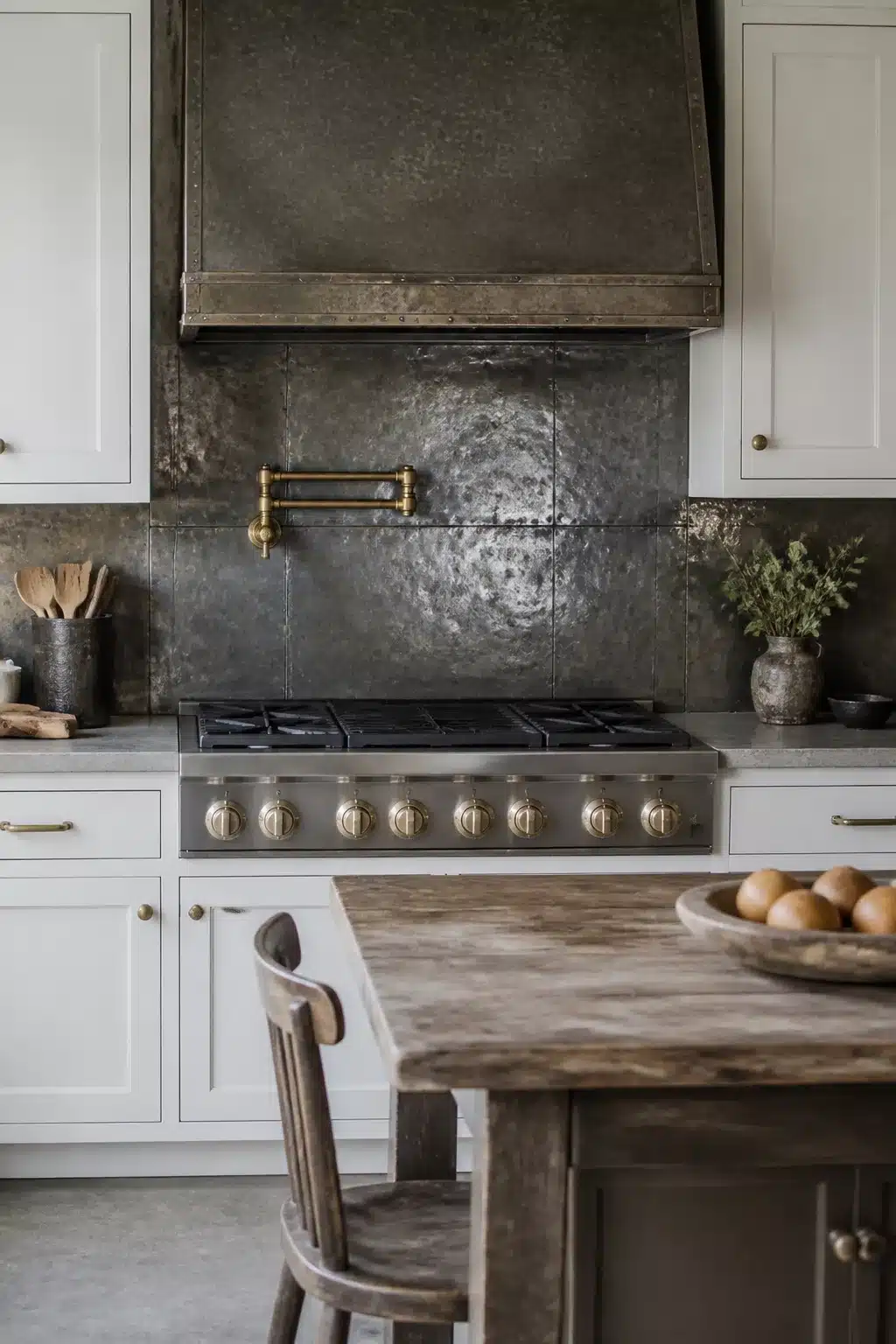 Industrial farmhouse kitchen with hammered metal backsplash, brass pot filler, and white shaker cabinets over gas range.
