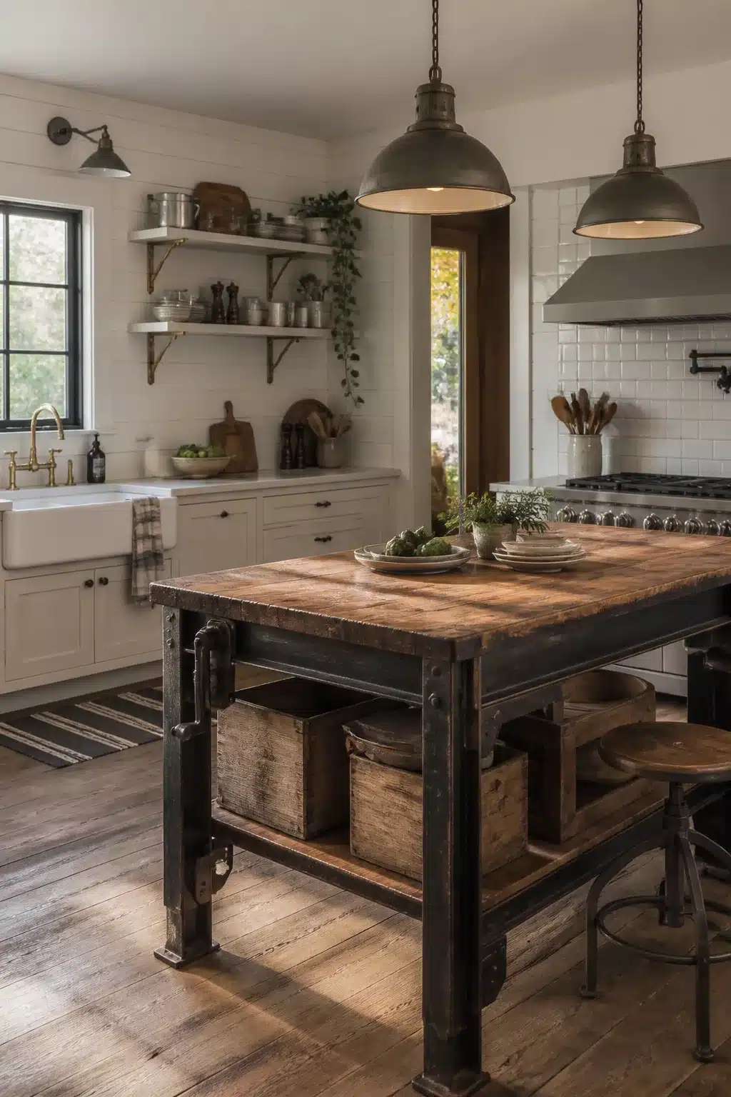 Repurposed industrial workbench island with raw wood crates in a farmhouse kitchen — Industrial Farmhouse Kitchens