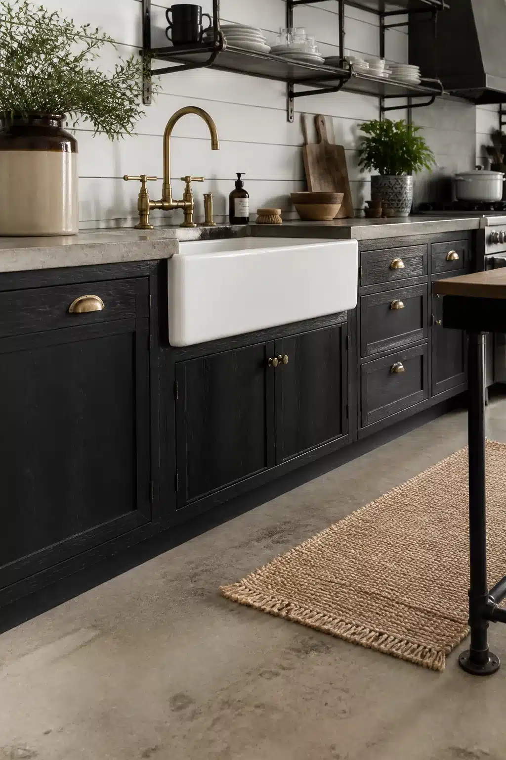 Brass hardware and blackened oak cabinets with farmhouse sink in an industrial farmhouse kitchen