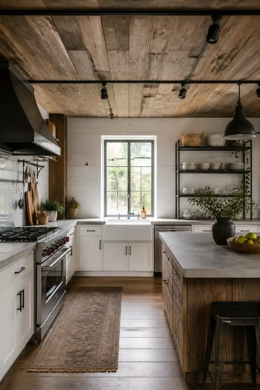 Reclaimed wood plank ceiling with black industrial track lighting in an industrial farmhouse kitchen with white cabinetry