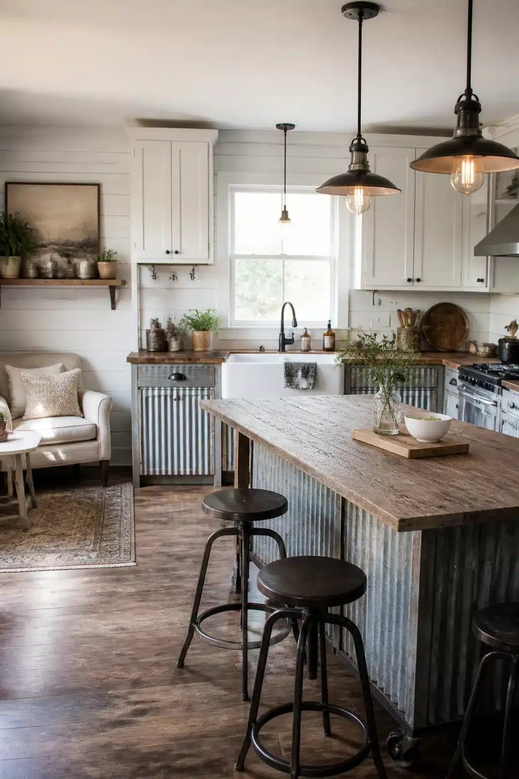 Corrugated galvanized metal cabinet fronts and reclaimed wood countertops in an industrial farmhouse kitchen with Edison pendants