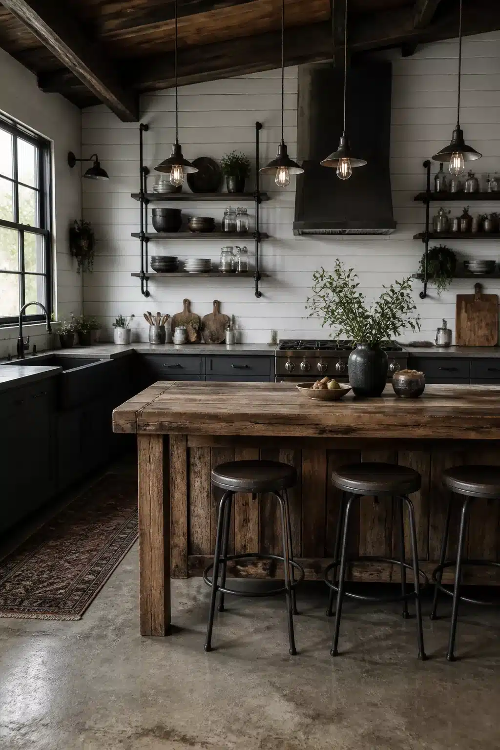 Matte black cabinets and rough-sawn wood island in a dark industrial farmhouse kitchen with shiplap walls