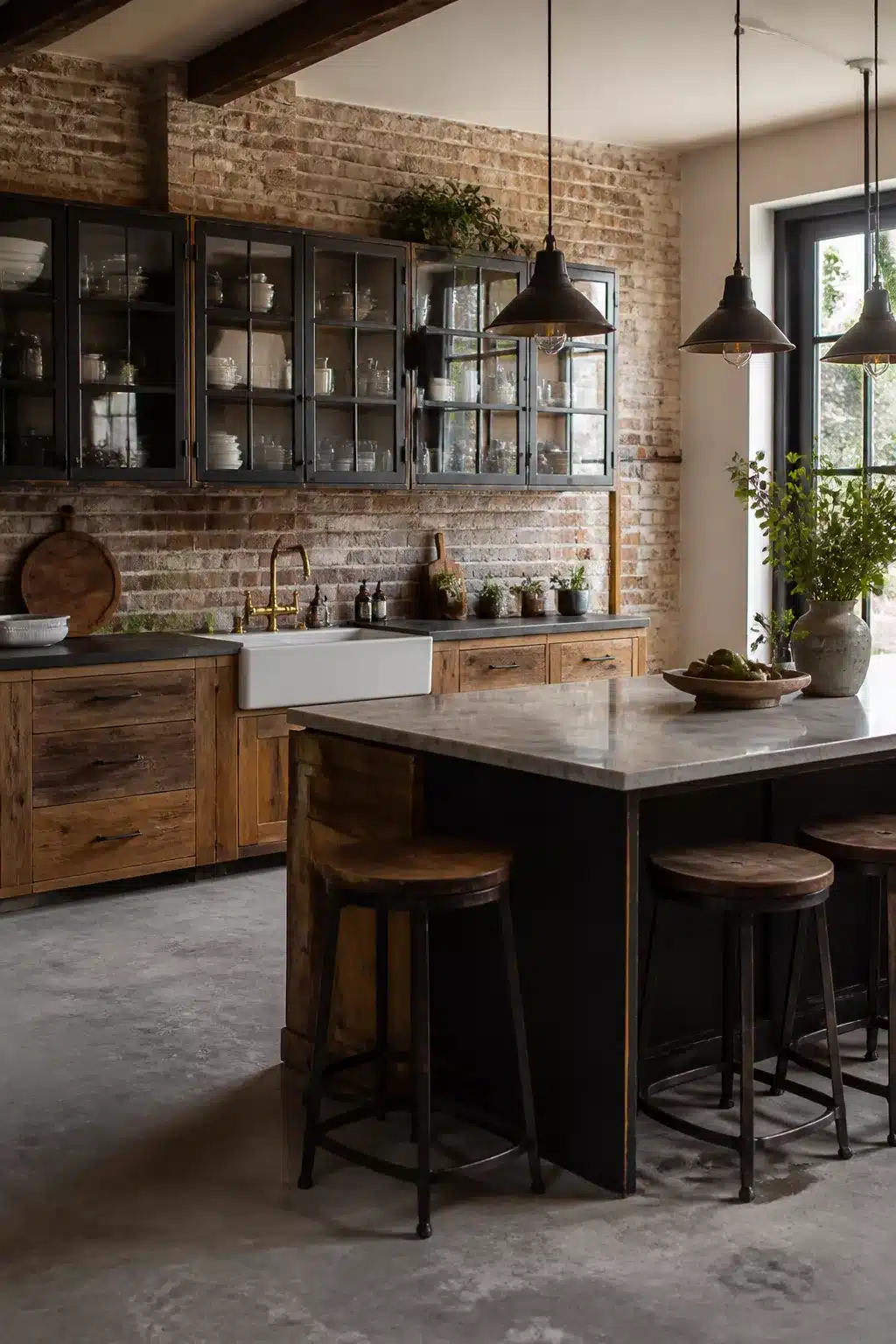 Industrial farmhouse kitchen with steel-framed glass upper cabinets, reclaimed wood lowers, and exposed brick wall.