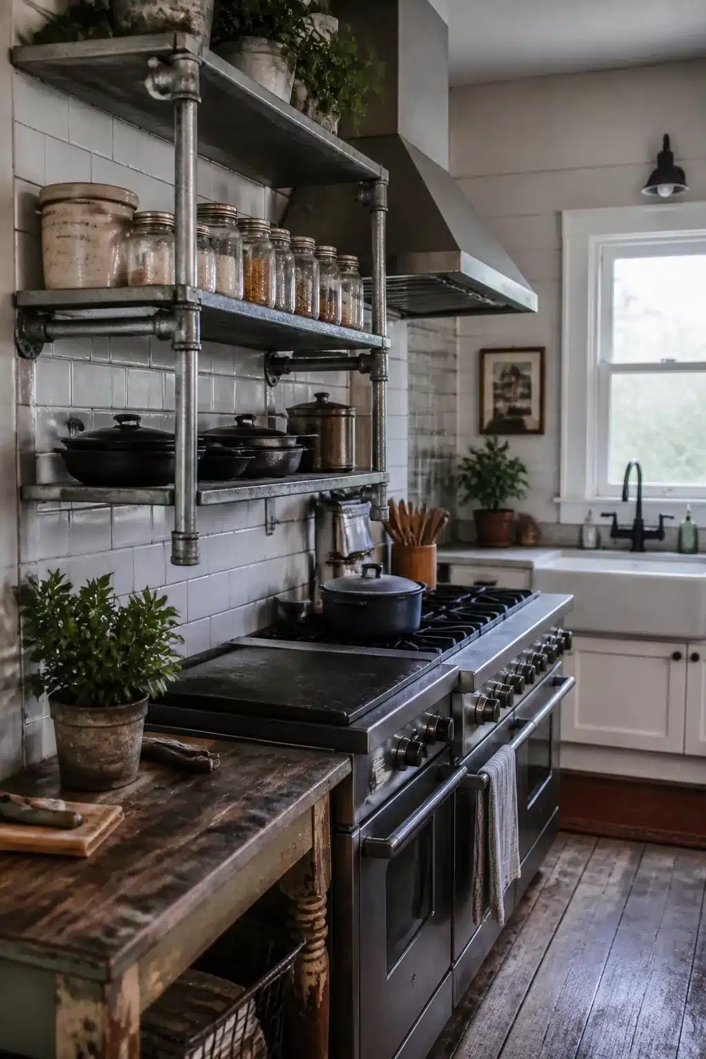 Galvanized pipe shelving with glass jar storage above a gas range in an industrial farmhouse kitchen