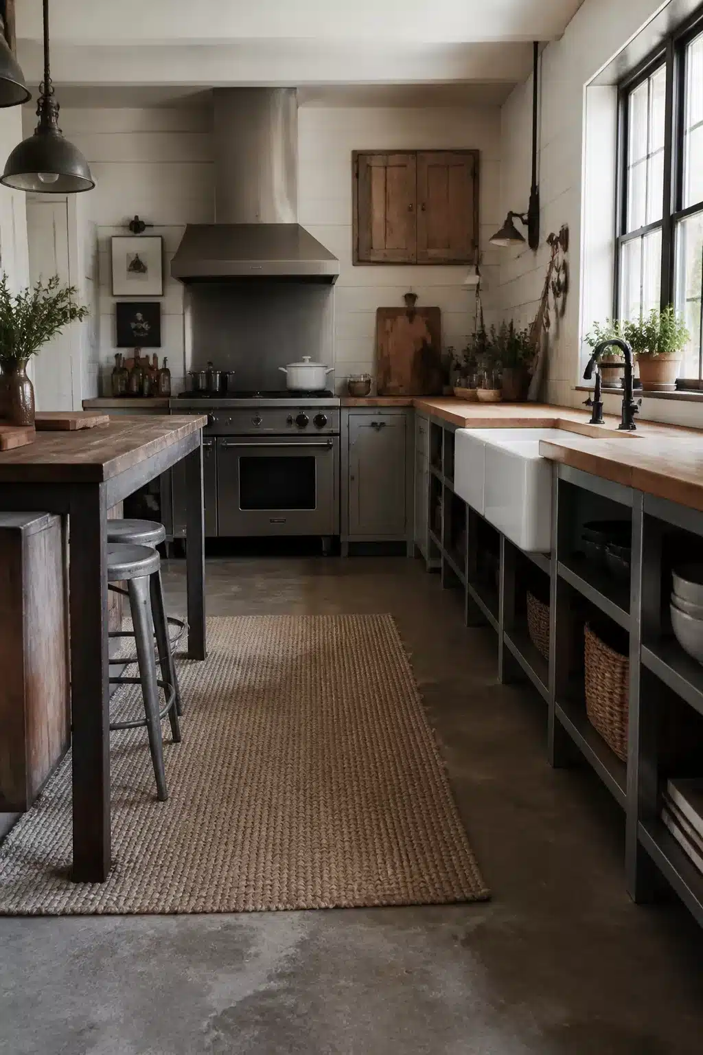 Matte black bridge faucet over apron farmhouse sink in an industrial farmhouse kitchen with open steel shelving