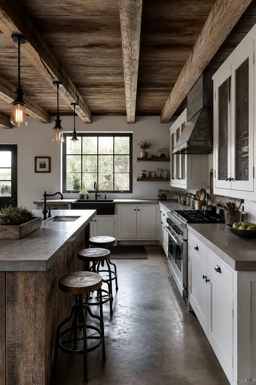 Reclaimed wood ceiling beams in an industrial farmhouse kitchen with white cabinets and concrete floors