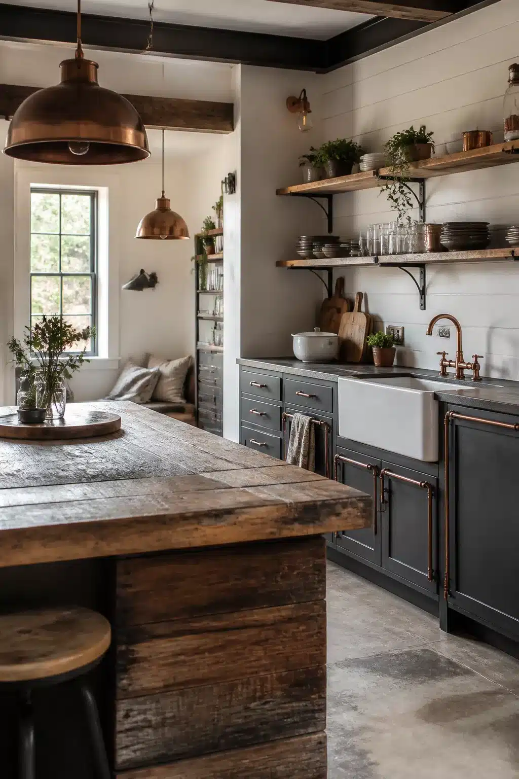 Gunmetal gray cabinets with copper pipe fittings and farmhouse sink in an industrial farmhouse kitchen