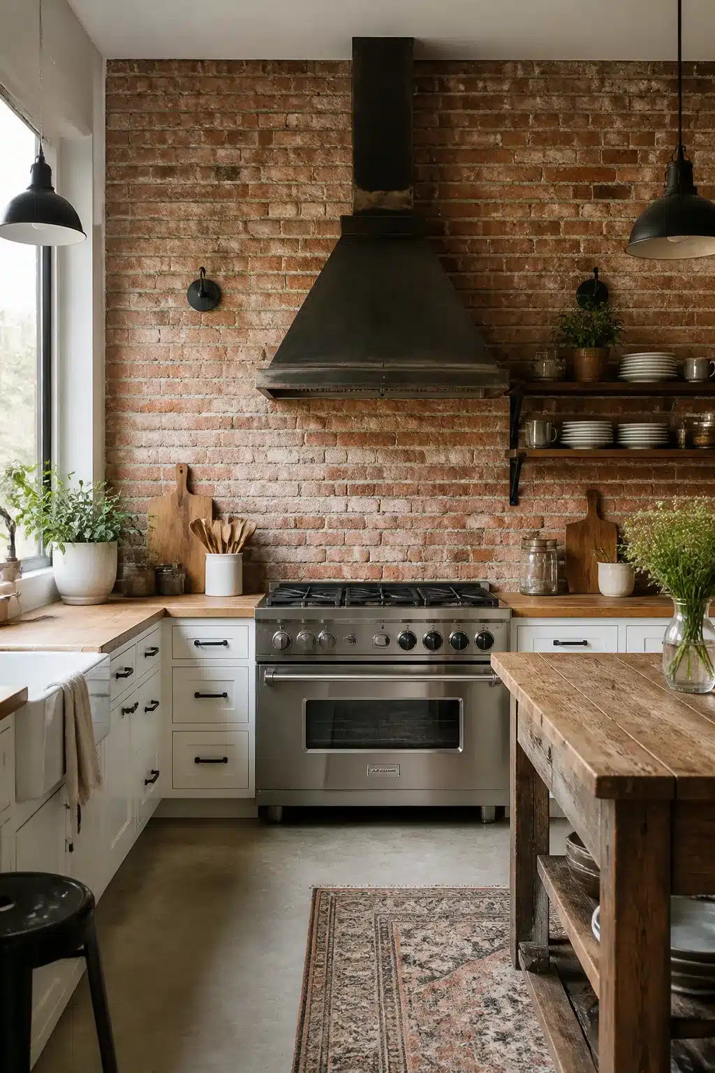 Exposed brick accent wall behind stainless range in an industrial farmhouse kitchen with butcher block counters.