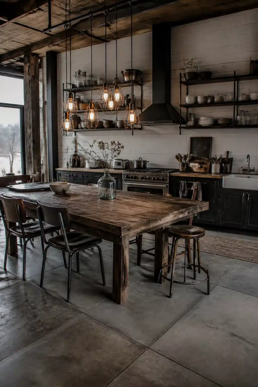 Wire-cage Edison pendant cluster over reclaimed wood table in an industrial farmhouse kitchen with open shelving