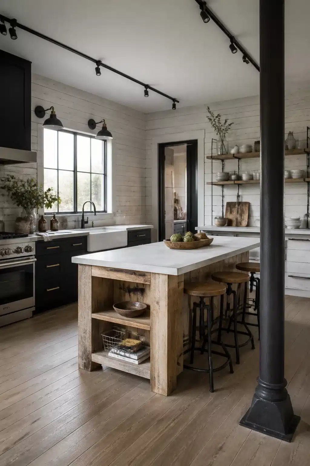 Whitewashed shiplap walls with black steel track lighting in an industrial farmhouse kitchen with reclaimed wood island