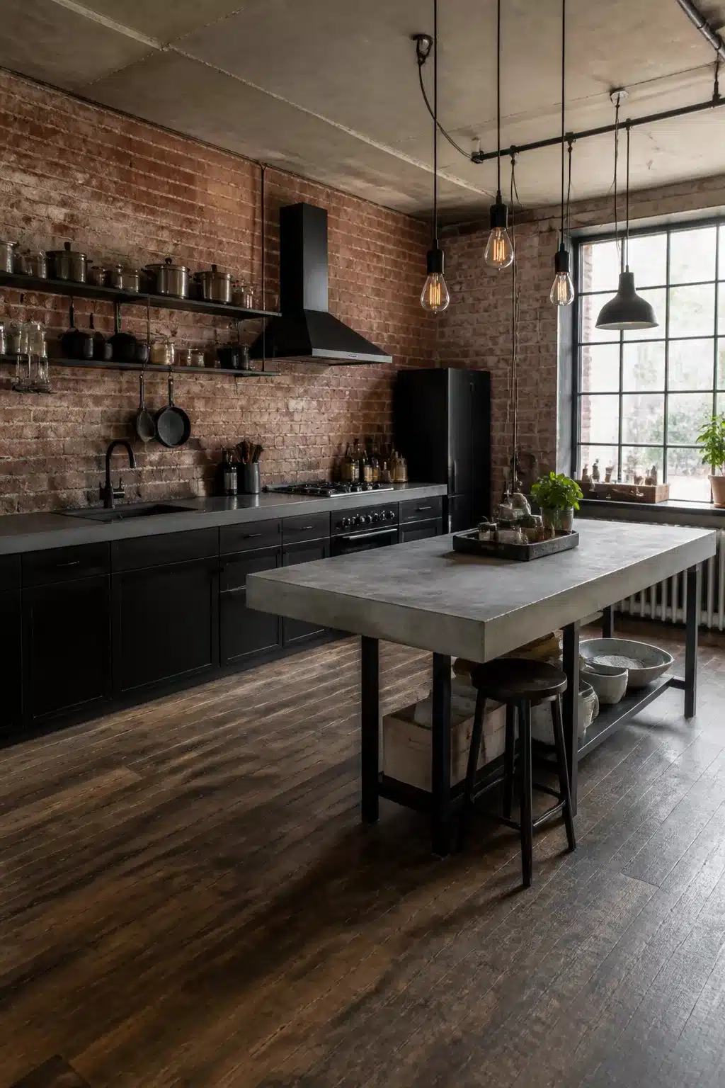 Industrial kitchen design with exposed red brick walls, matte black cabinets, concrete island, and Edison pendant lights
