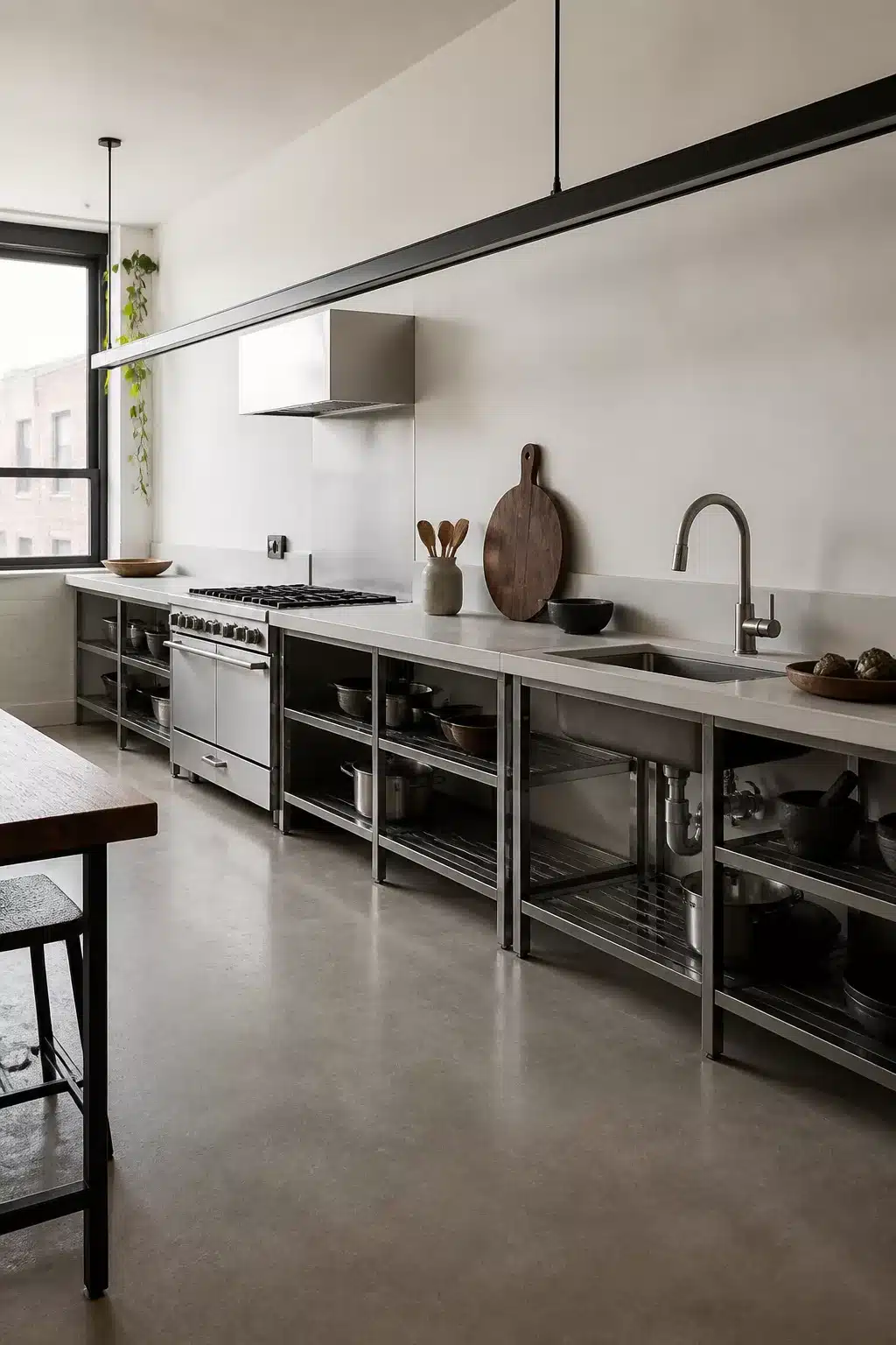 Industrial kitchen design with raw steel open frames, polished concrete floors, and a minimalist white countertop