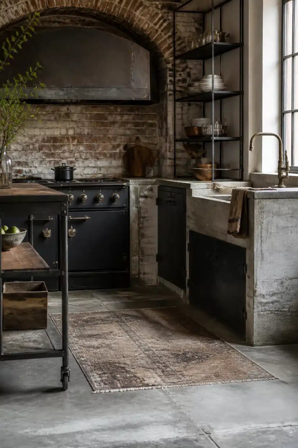 Industrial kitchen design with exposed brick arch range hood, concrete sink, and black cabinetry on concrete floors.