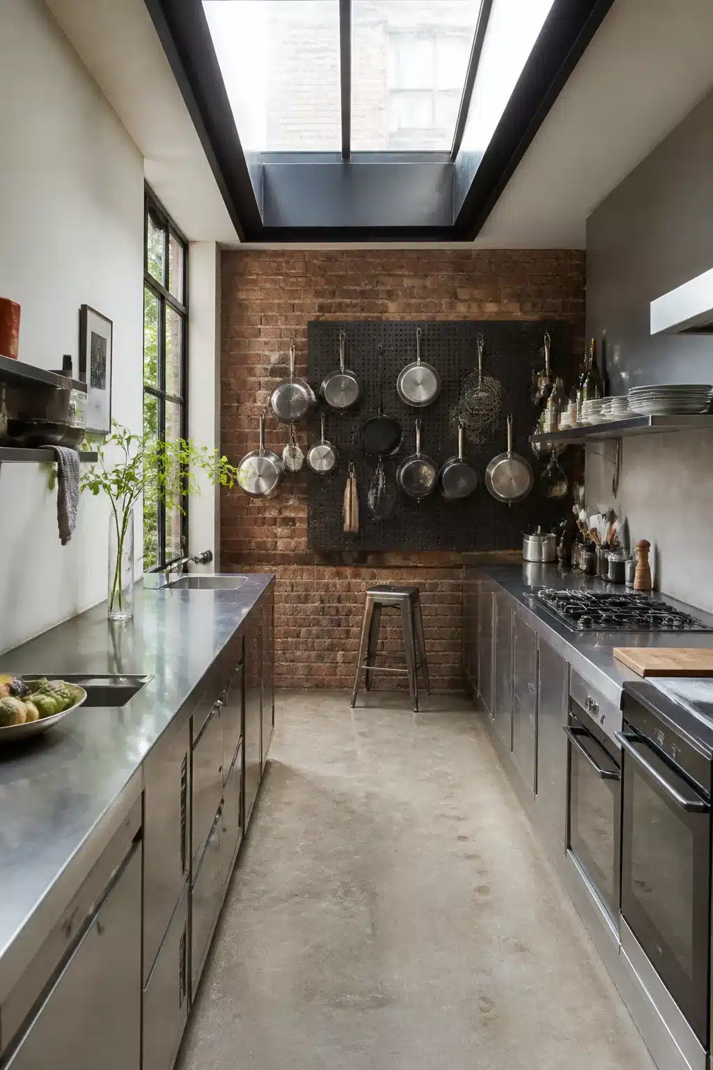 Stainless steel galley kitchen with black pegboard pan wall and exposed brick — Industrial Kitchen Design