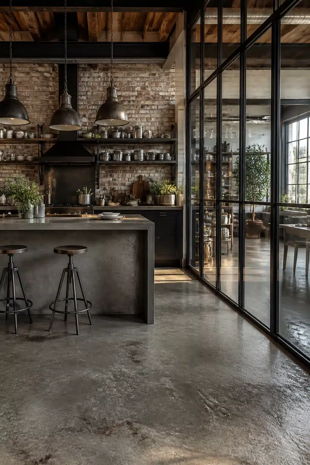 Industrial kitchen design with steel Crittall partition, polished concrete island, exposed brick wall, and black pendant lights.