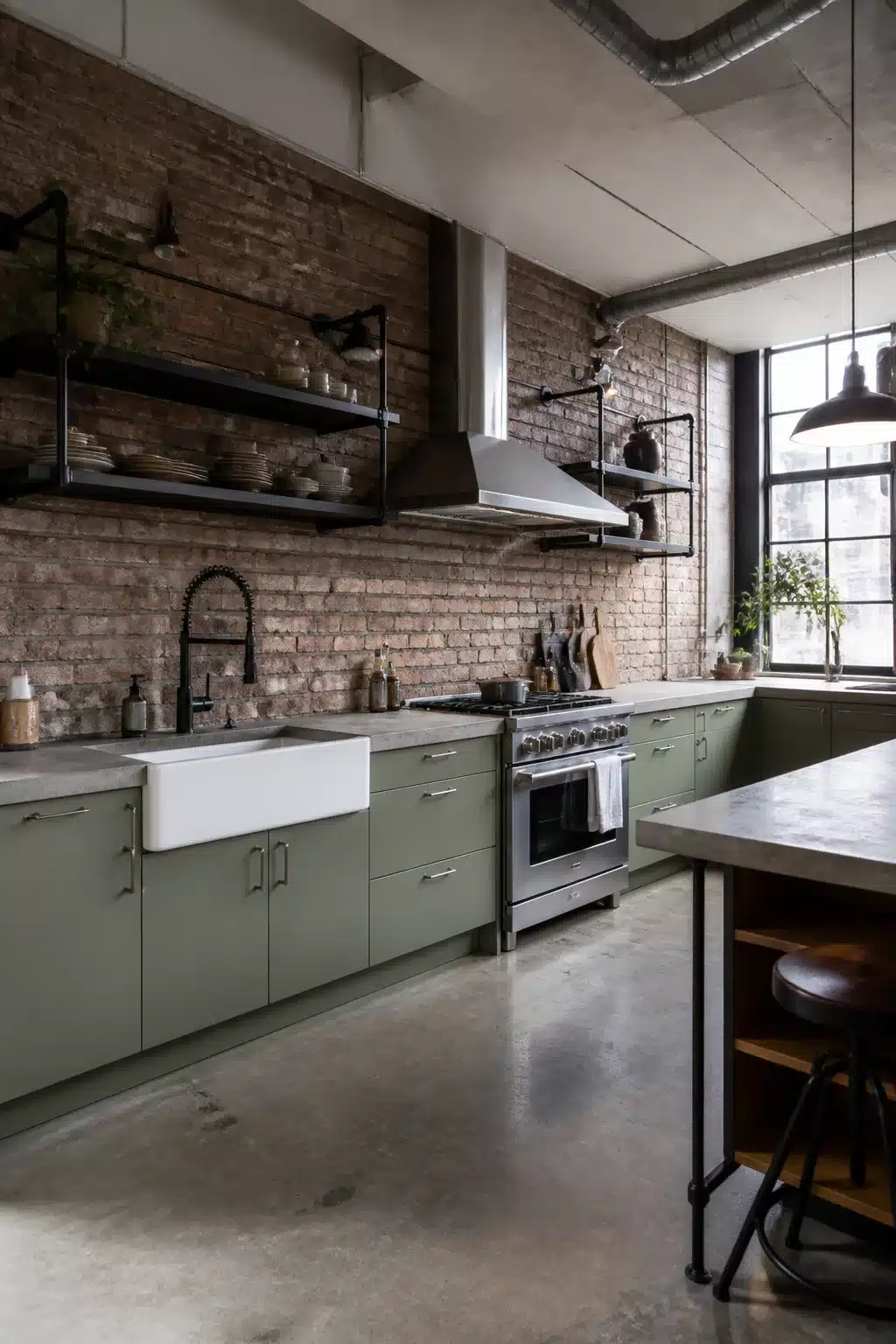 Industrial kitchen design with sage green cabinets, exposed brick, farmhouse sink, and concrete countertops