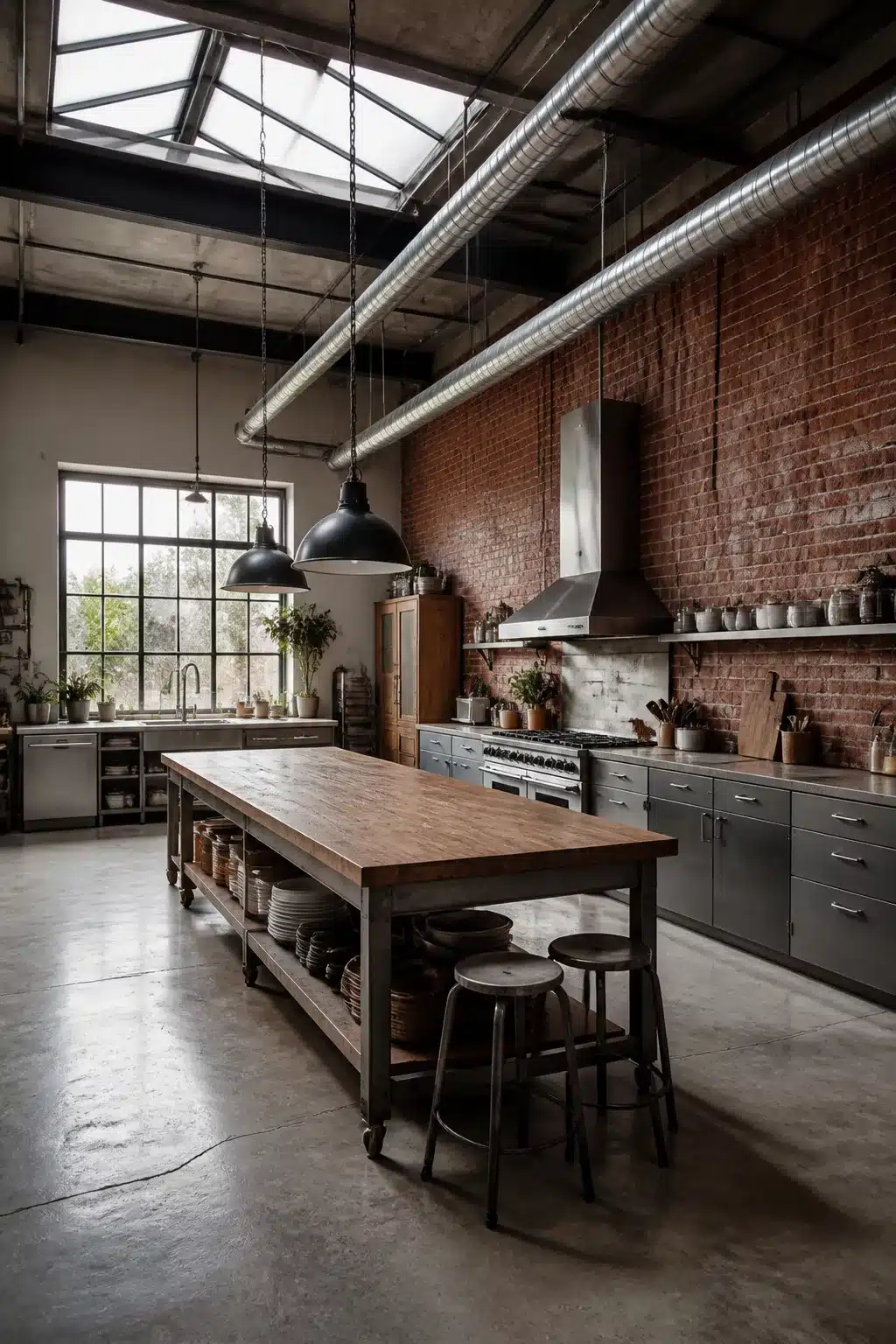 Industrial kitchen design with skylight ceiling, exposed ductwork, butcher block island on casters, and concrete floors