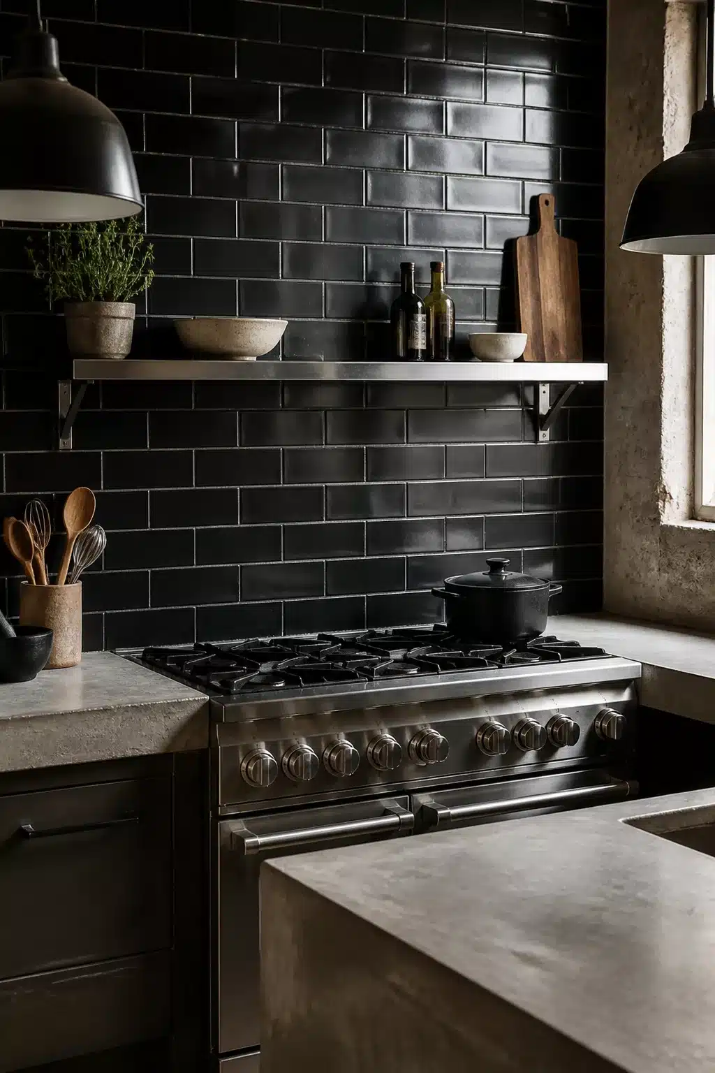 Industrial kitchen design with matte black subway tile backsplash, stainless range, and concrete countertops