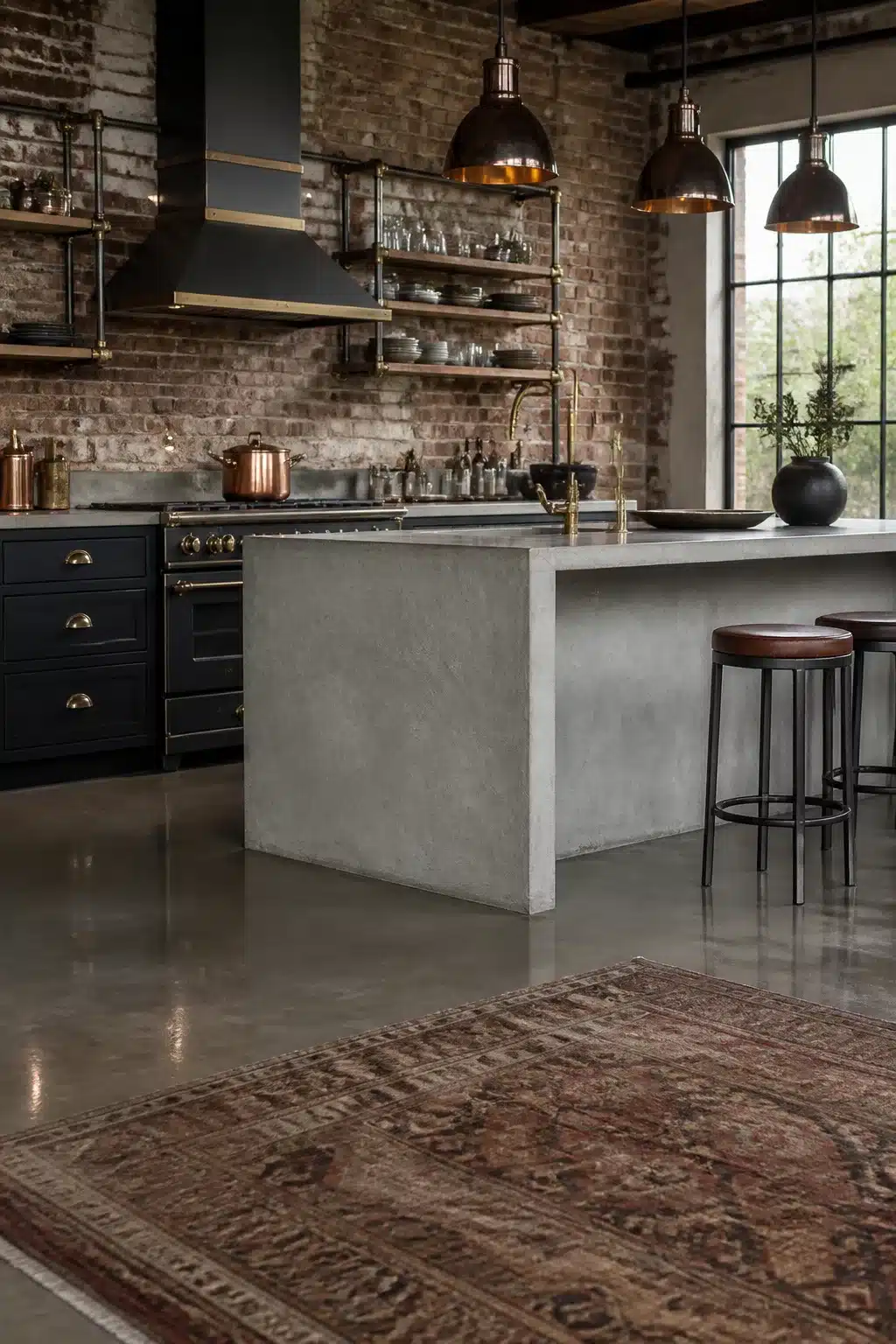 Industrial kitchen design with copper pendant lights, brass fittings, concrete island, and exposed brick walls