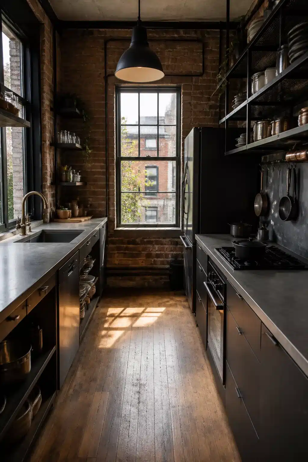 Compact apartment industrial kitchen design with dark steel cabinets, hardwood floors, open shelving, and exposed brick walls.