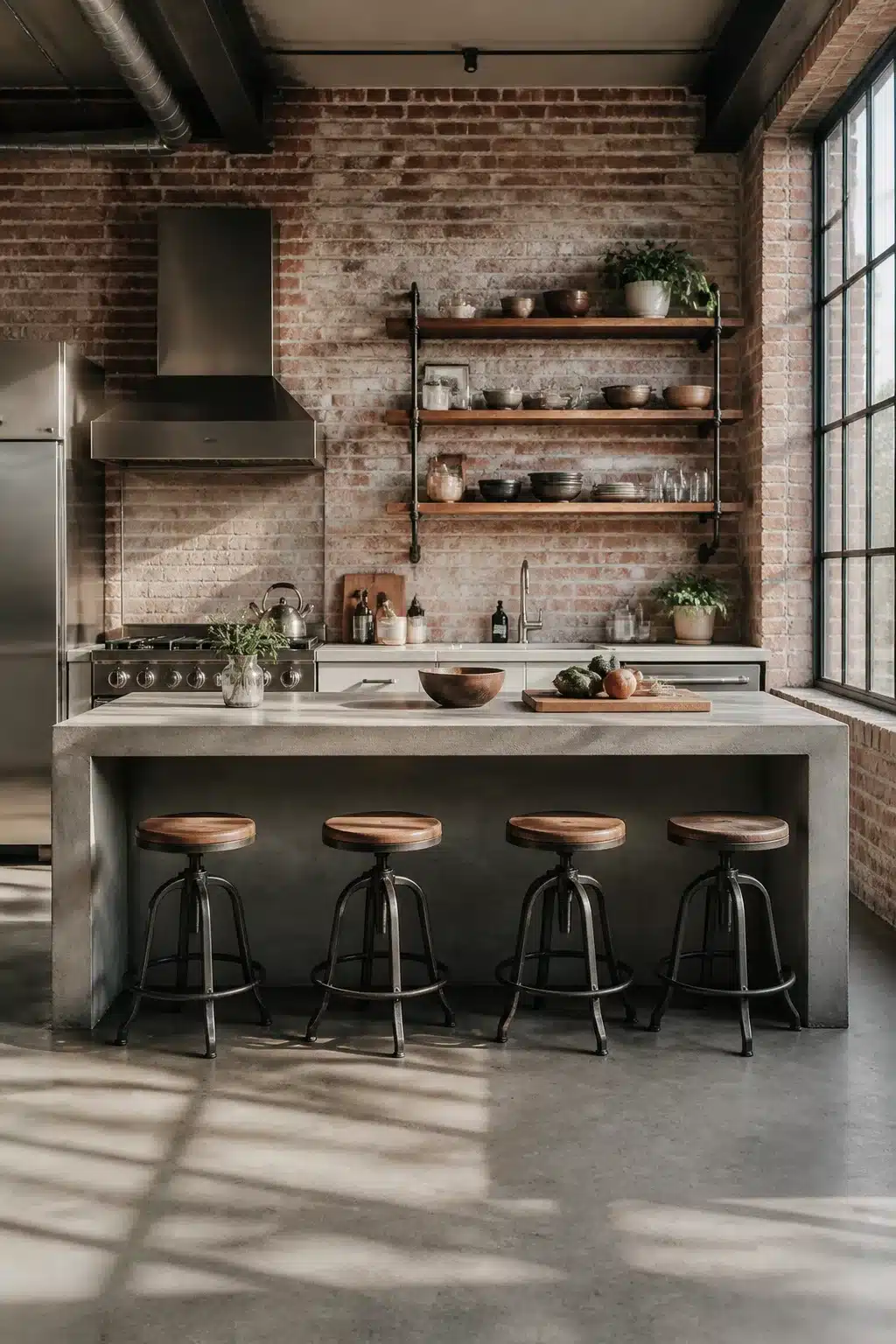 Industrial kitchen design with concrete island, iron pipe shelving, exposed brick wall, and steel-frame windows.