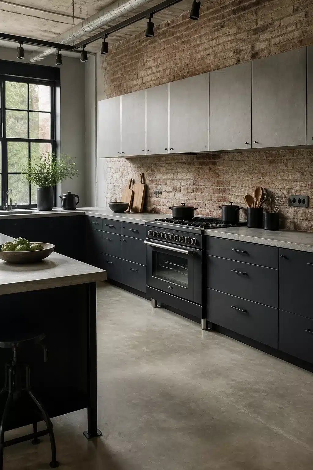 Industrial kitchen design with matte gray cabinets, exposed ductwork, brick backsplash, and concrete countertops